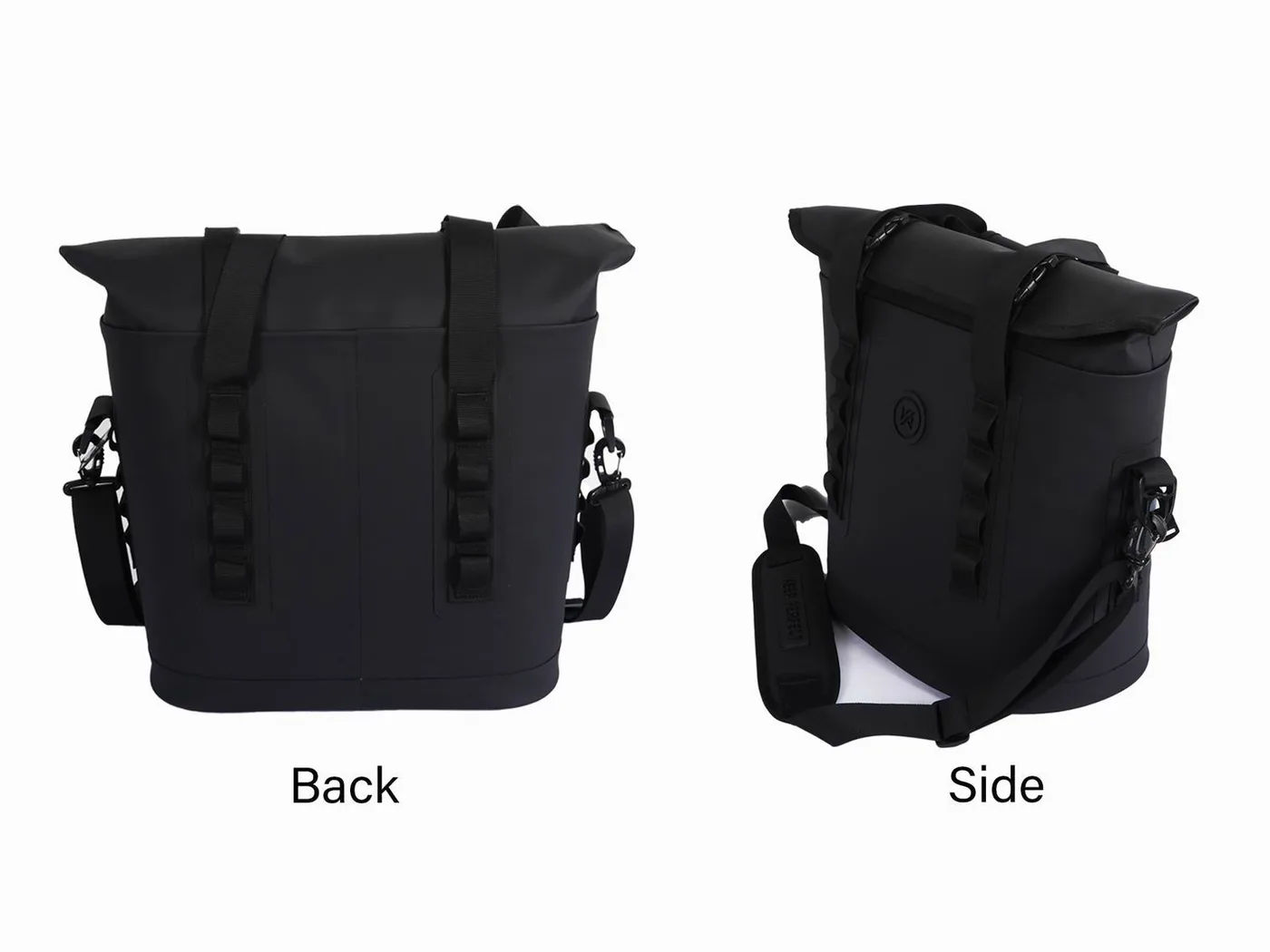 Strap and buckle attachment detail on a black dry bag