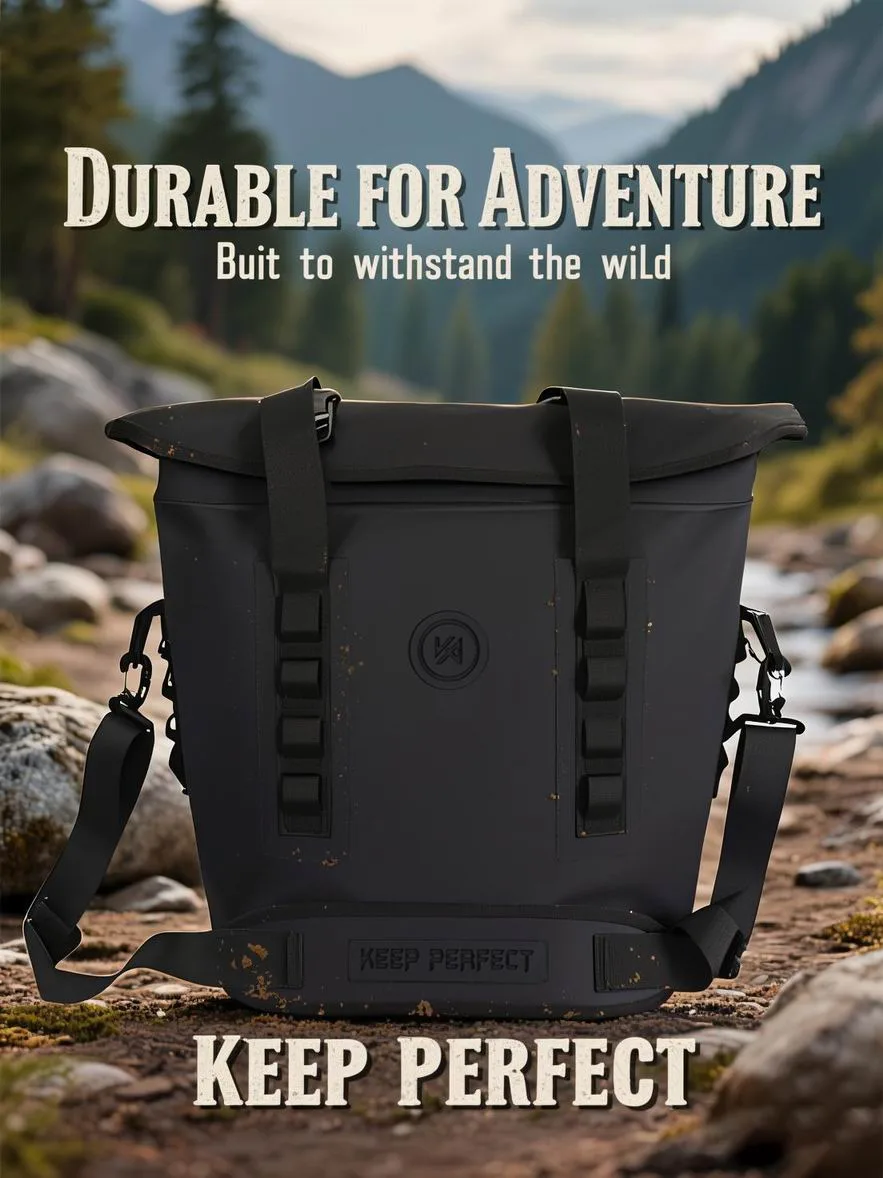 Back view of a black roll-top dry bag harness