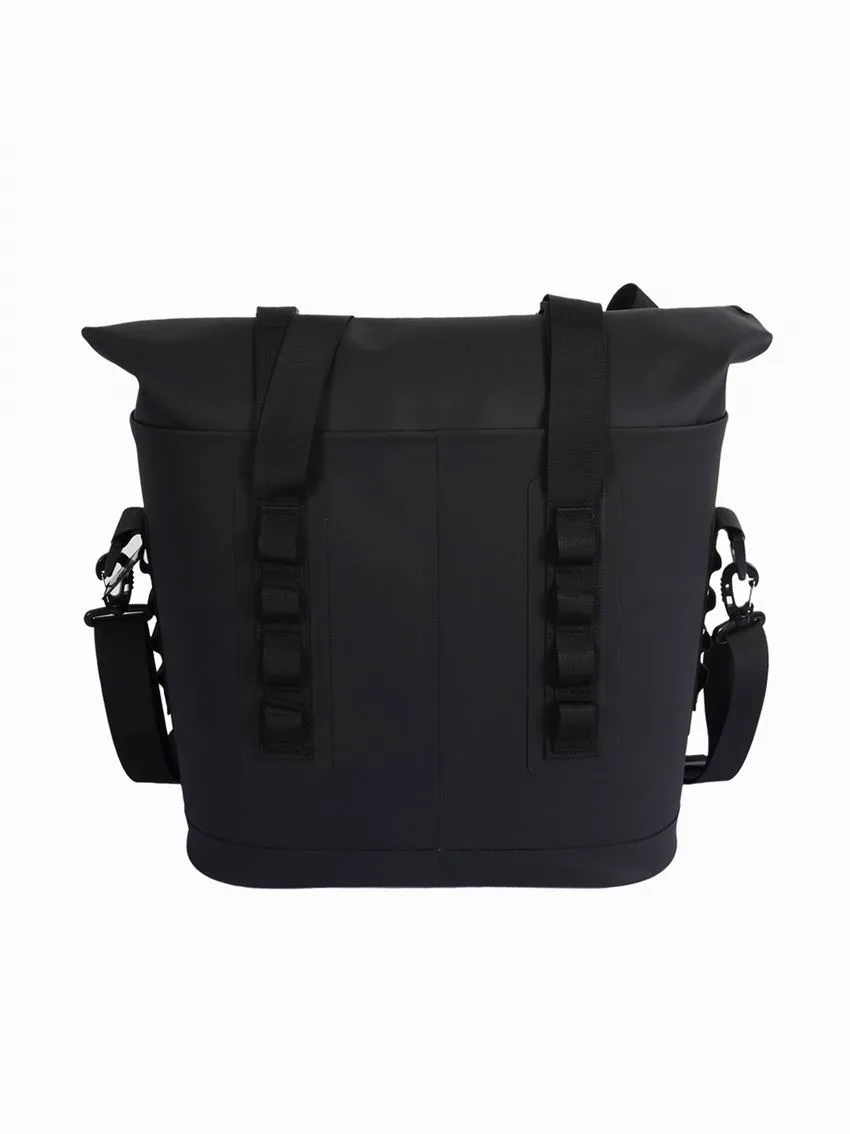 Front and back view of a black roll-top dry bag