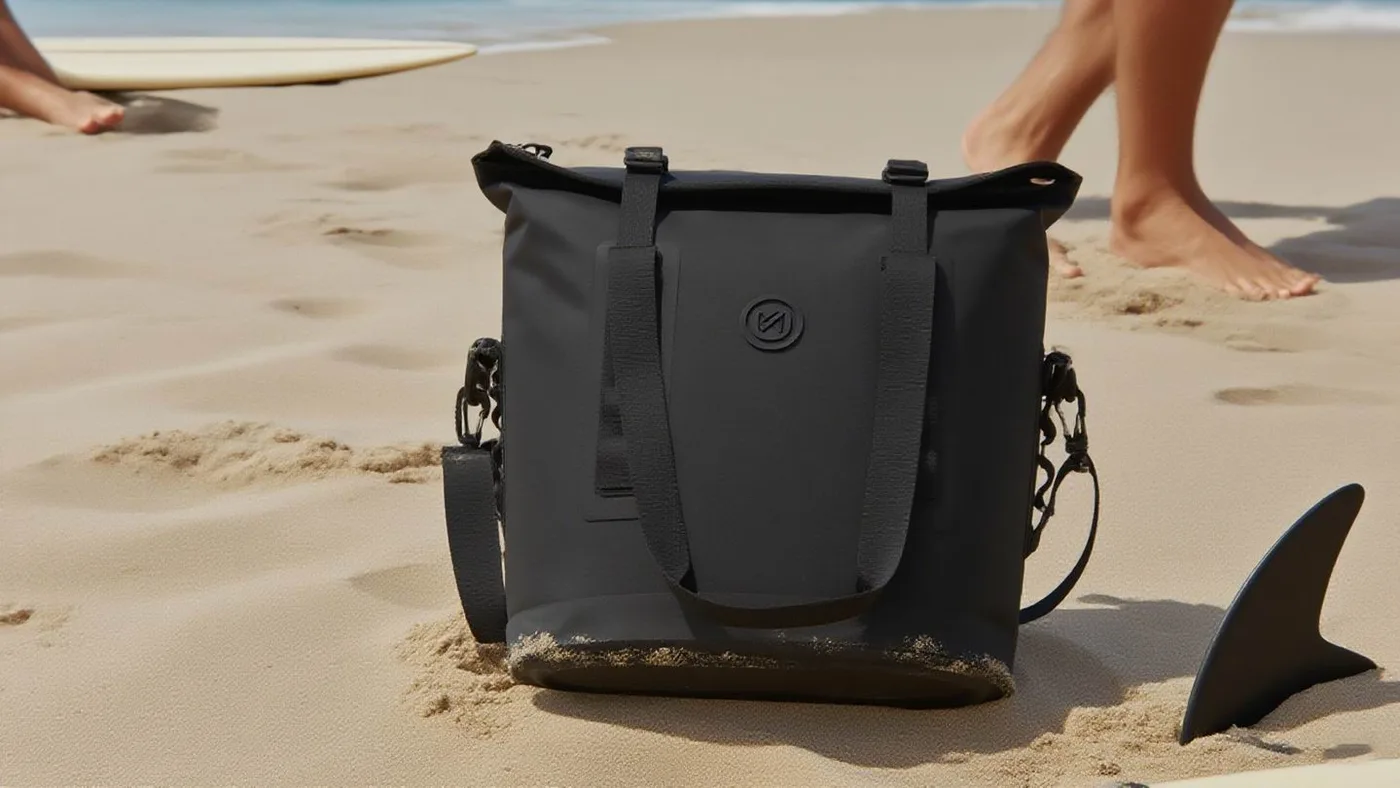 Black roll-top dry bag carried through snow