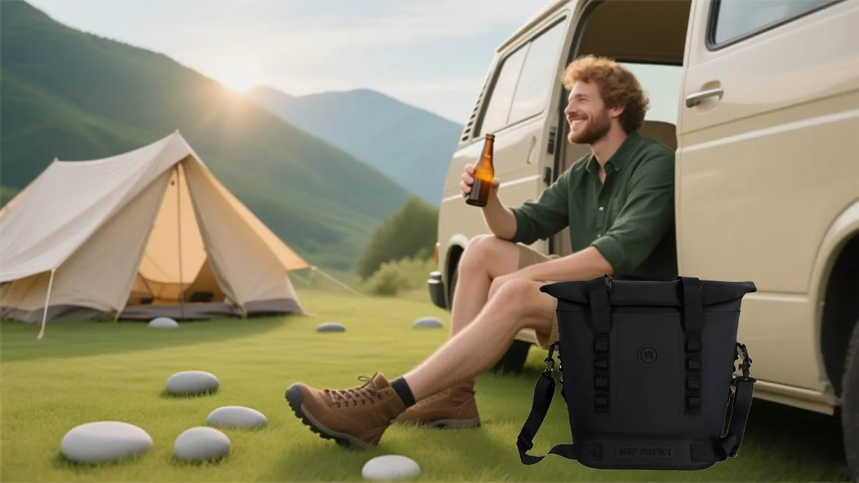 Black roll-top dry bag at a lakeside campsite