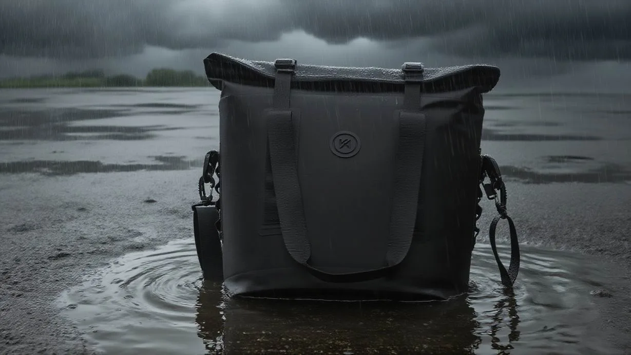Black roll-top dry bag resting on the ground