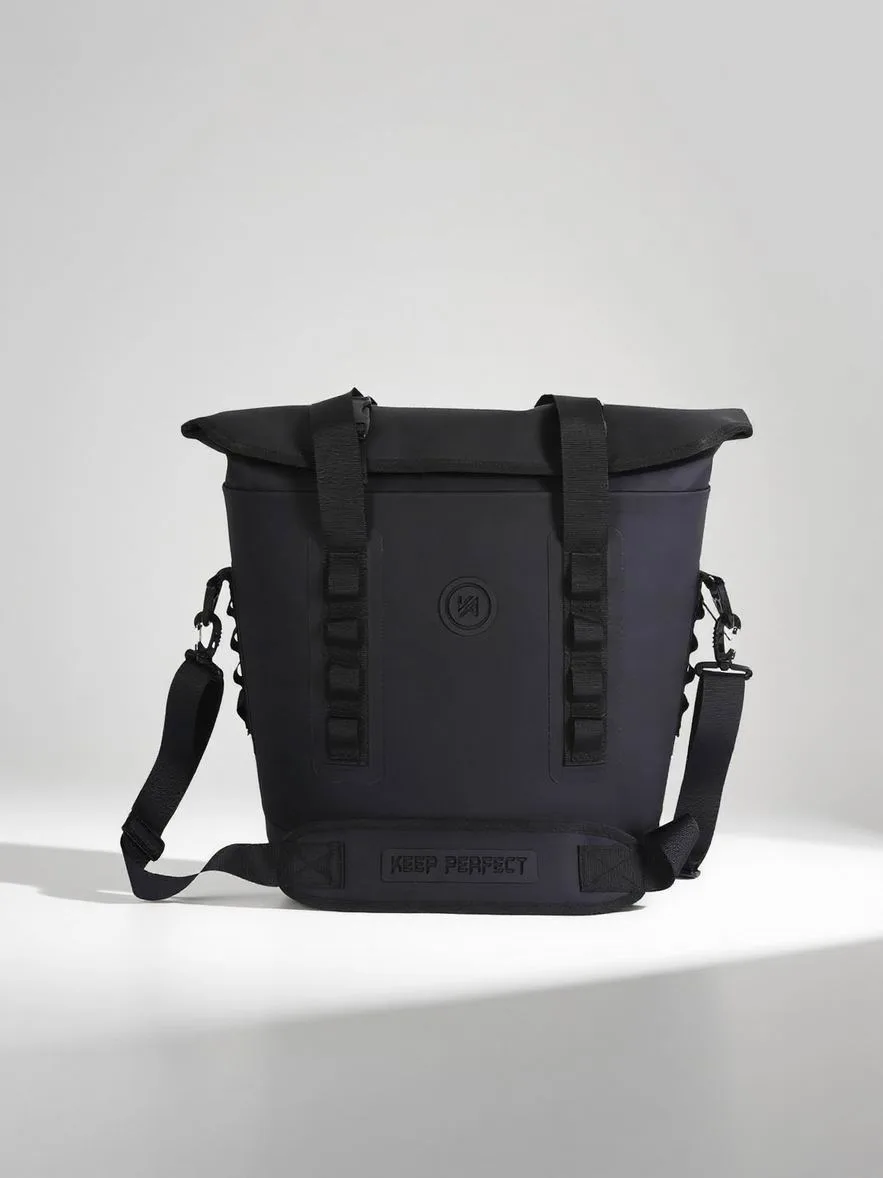 Black roll-top dry bag studio product shot