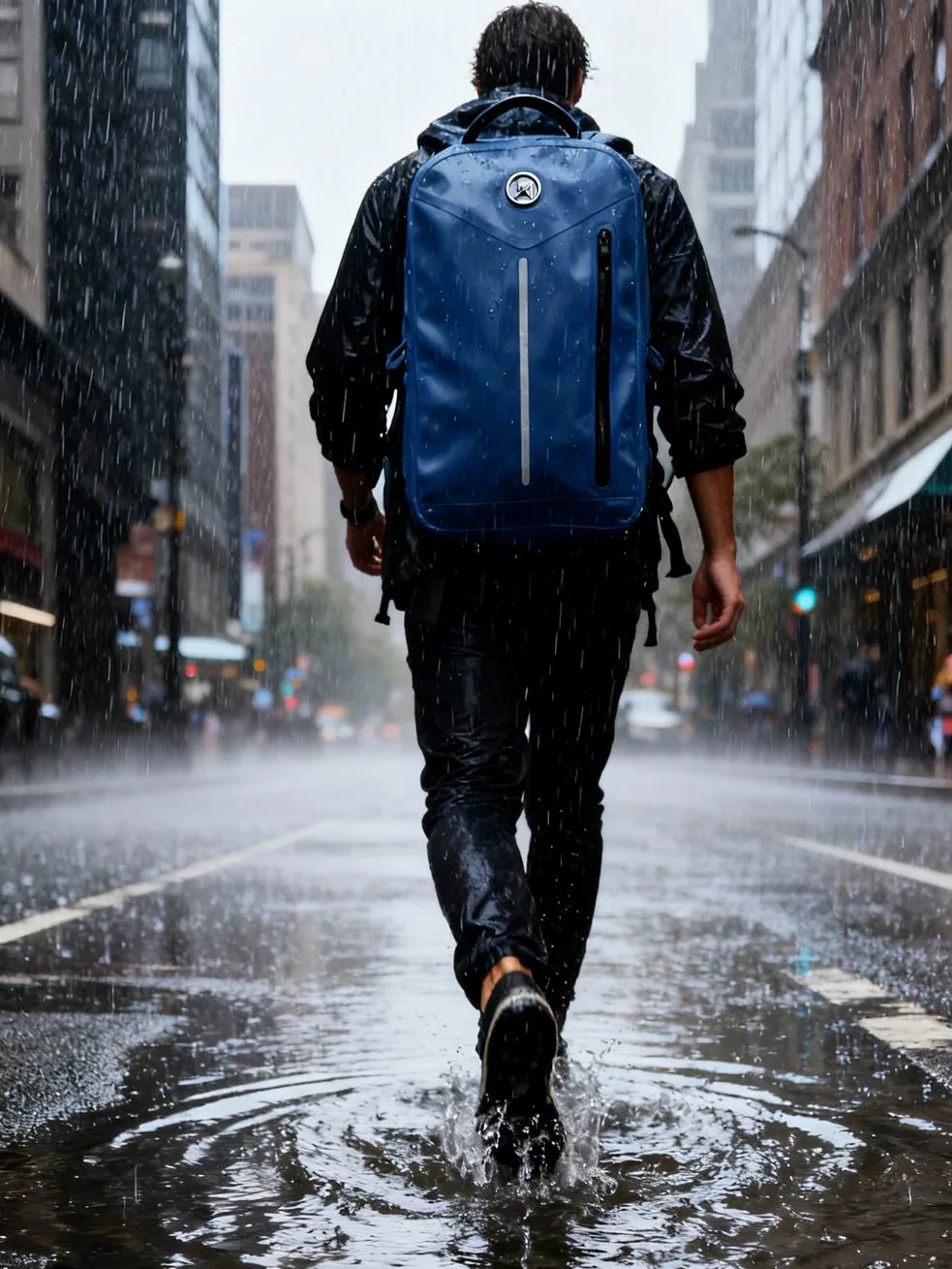Blue dry backpack worn while walking in rain