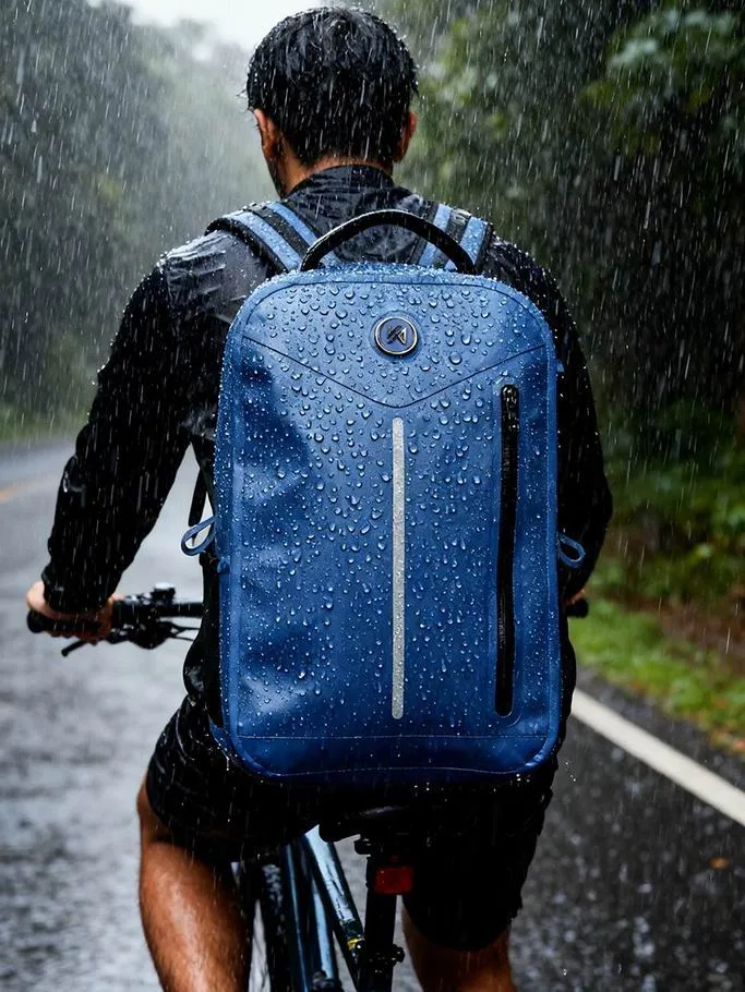 Blue dry bag backpack on a city commute