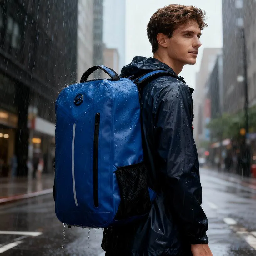 Blue dry bag backpack carried in the city