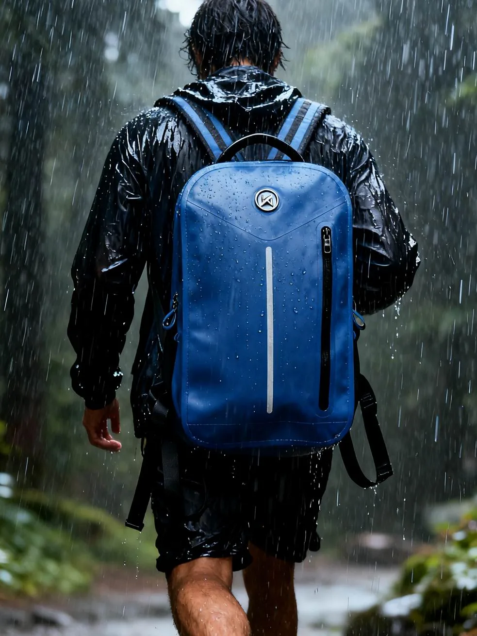 Blue dry bag backpack in the rain