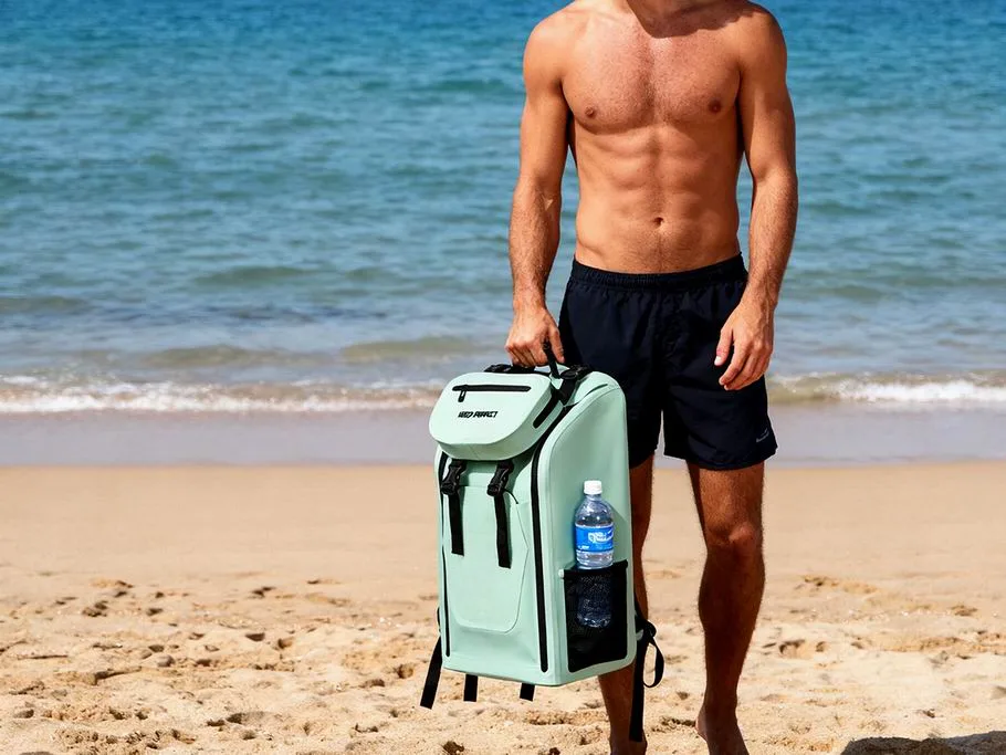 Blue dry bag backpack resting on the beach
