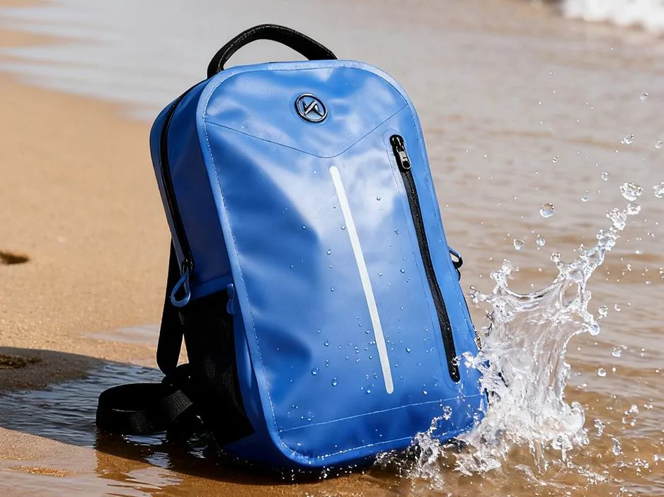 Blue roll-top dry bag backpack full view