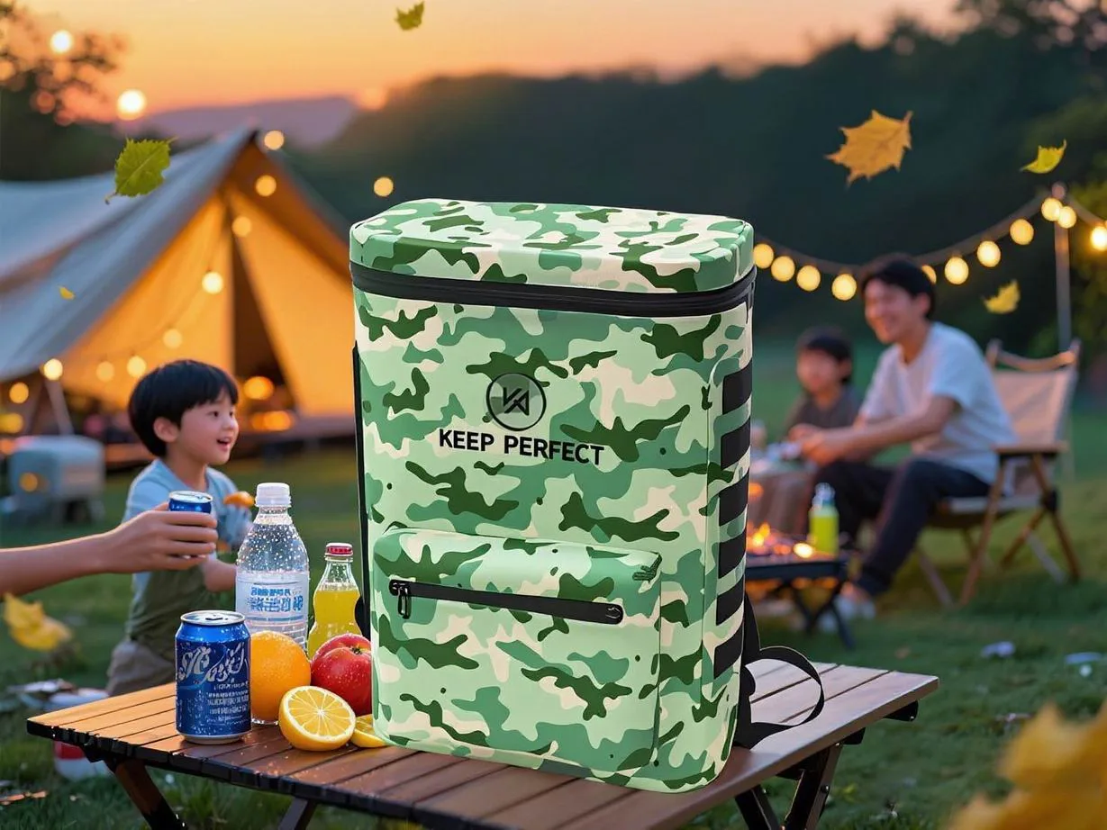 Camouflage dry bag at a camping tent