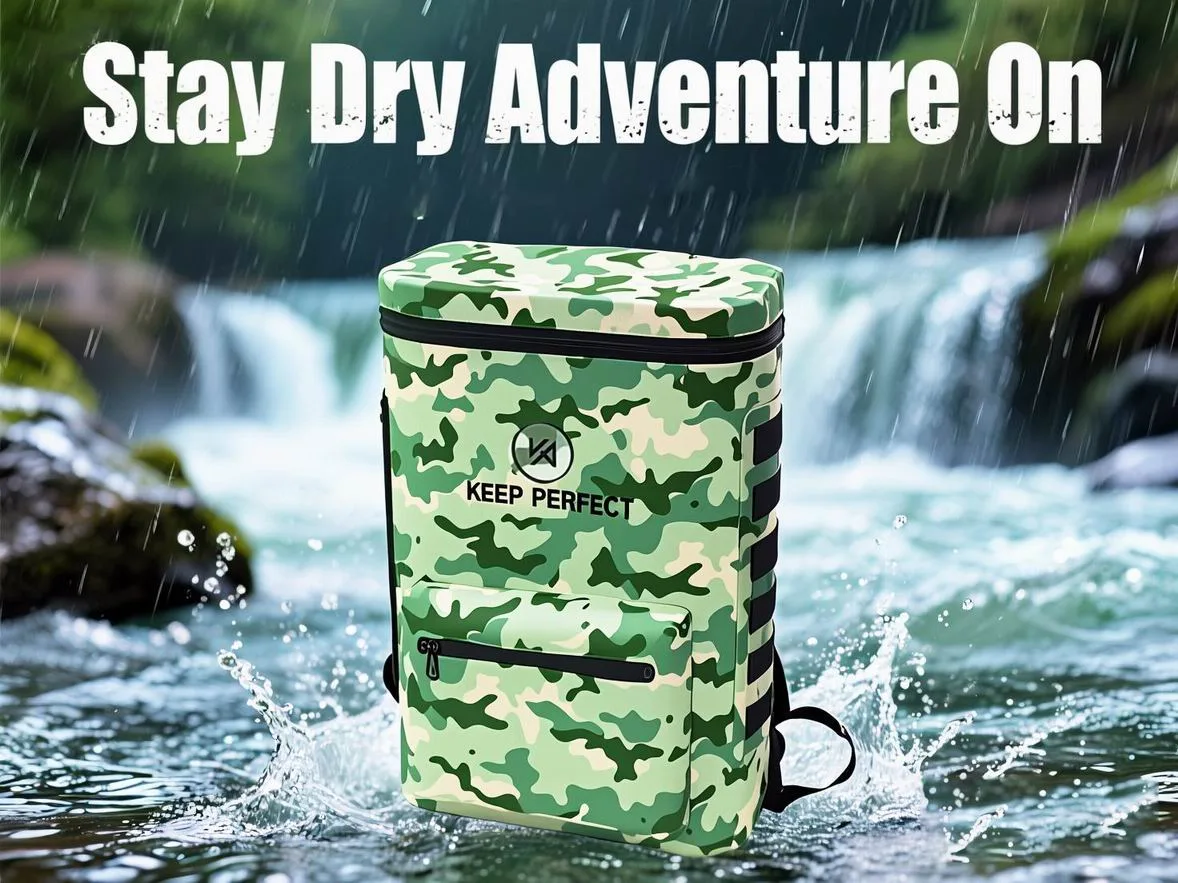 Camouflage dry bag placed on rock outdoors