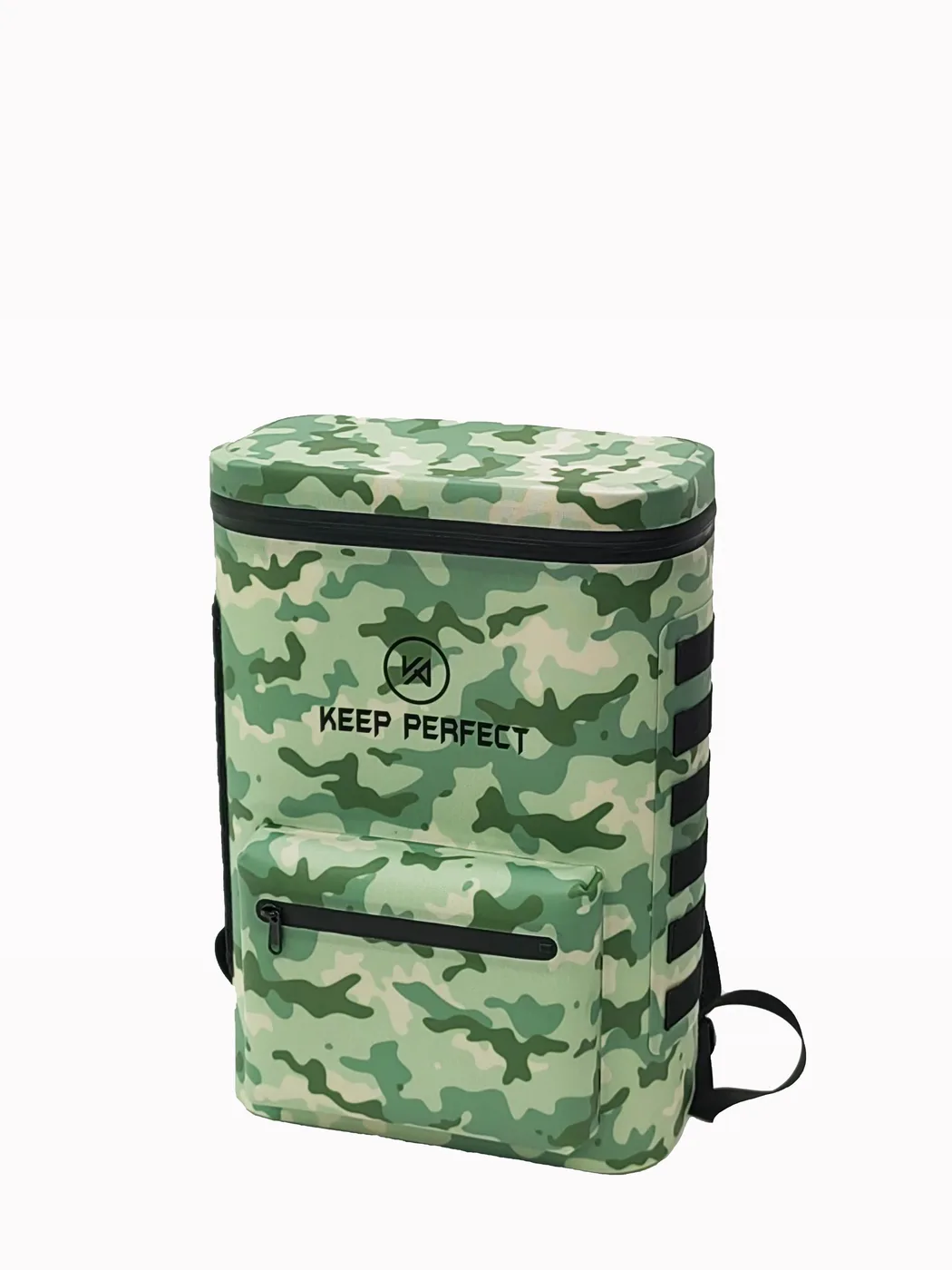 Close view of a camouflage roll-top dry bag panel and closure