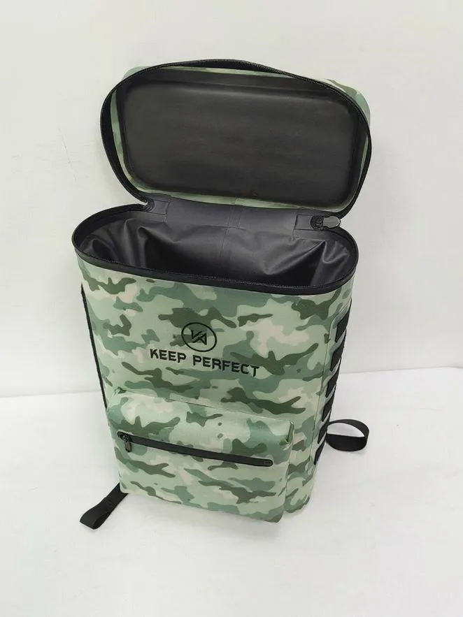 Open mouth of a camo roll-top dry bag