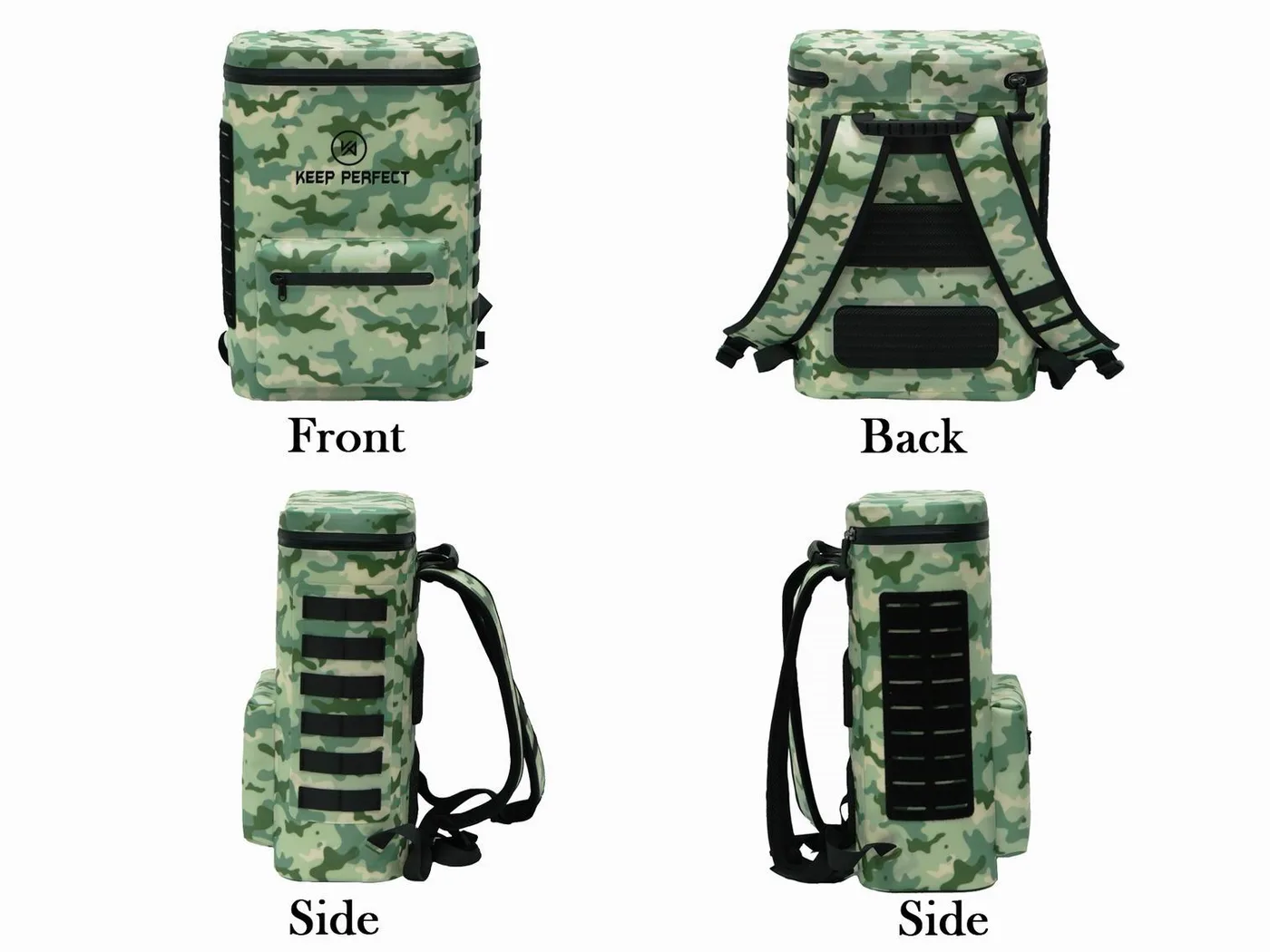 Green camouflage and black dry bags side by side