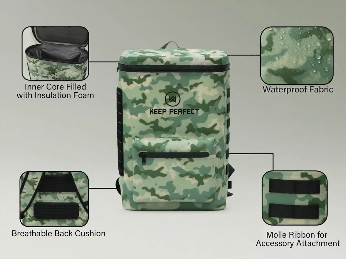 Green camo dry bag with size chart