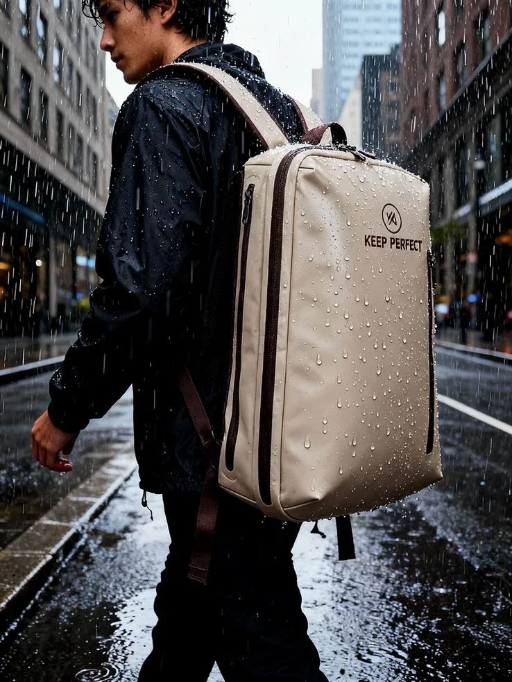 Grey waterproof backpack in heavy rain