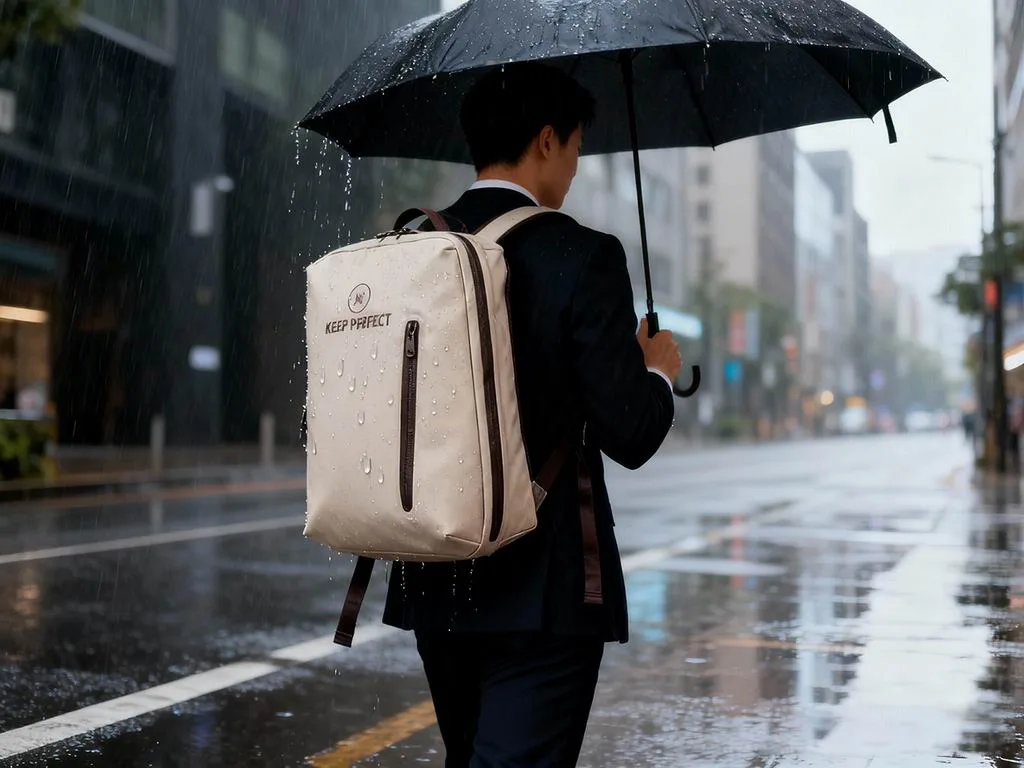 Grey waterproof backpack displayed with its harness visible
