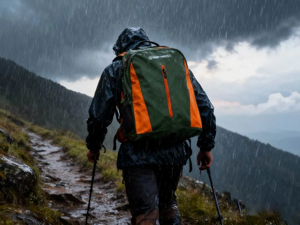 Hiking waterproof backpack in the rain