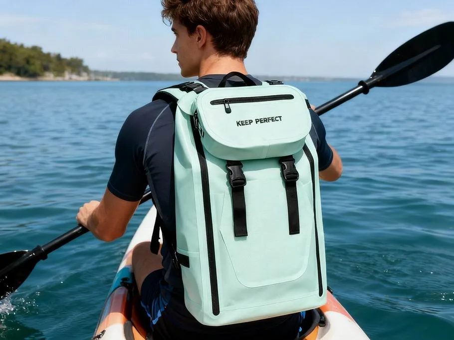 Kayaker with a blue dry bag backpack