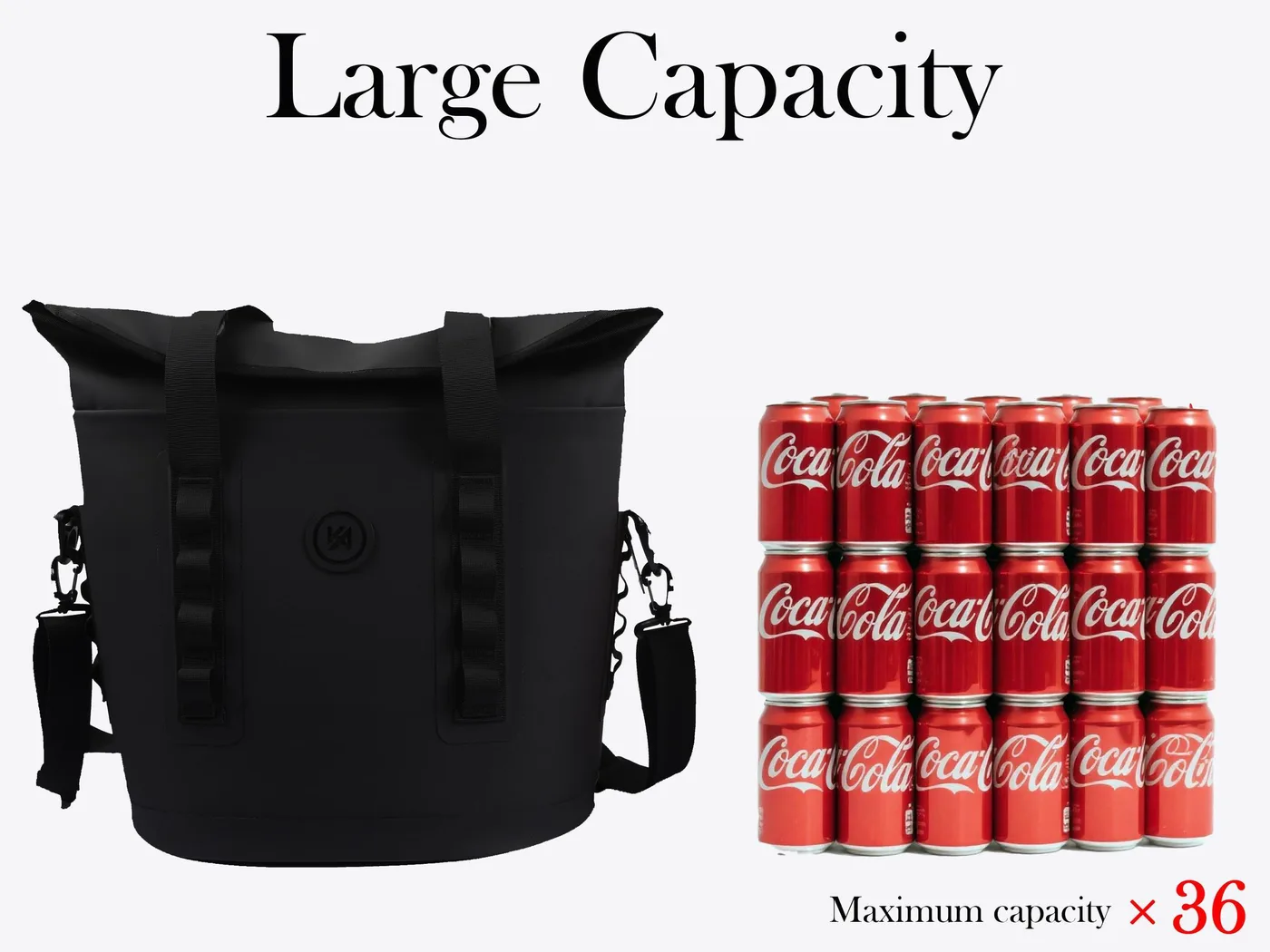 Large capacity black roll-top dry bag holding drink cans
