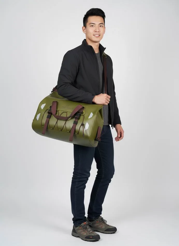 Olive crossbody dry duffel carried in town