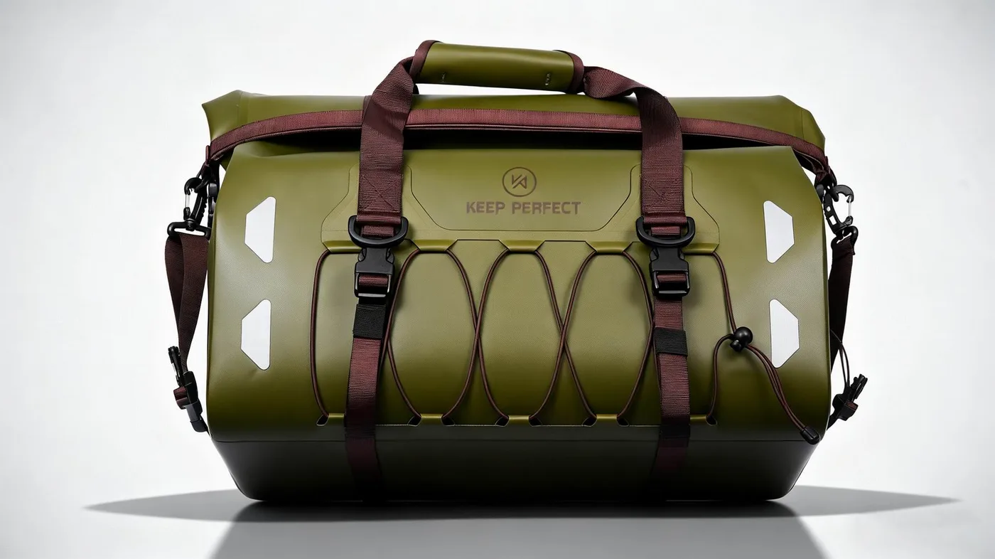 Arm and shoulder strap detail on an olive dry bag