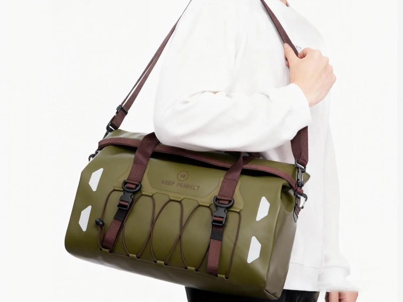 Olive dry duffel bag front view