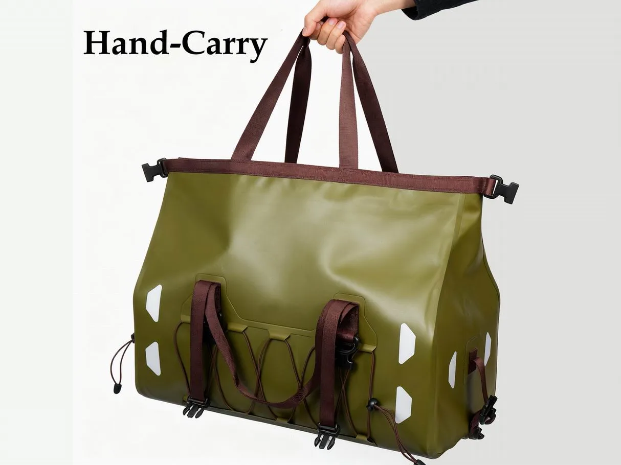 Olive dry duffel carried by hand
