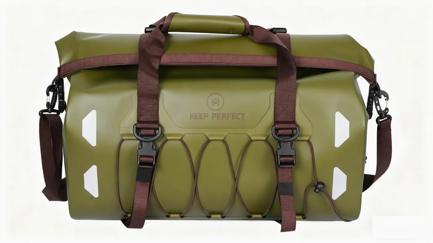 Two olive roll-top dry bags side by side