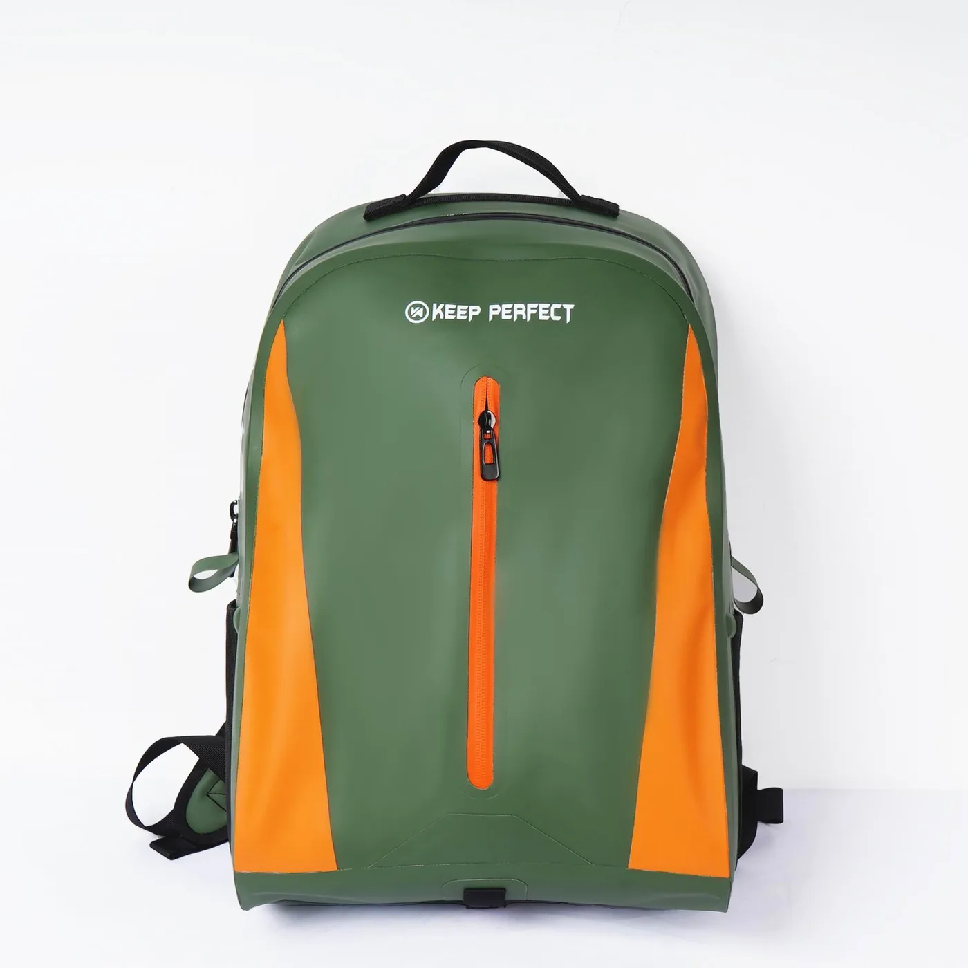 Orange and green backpack studio view
