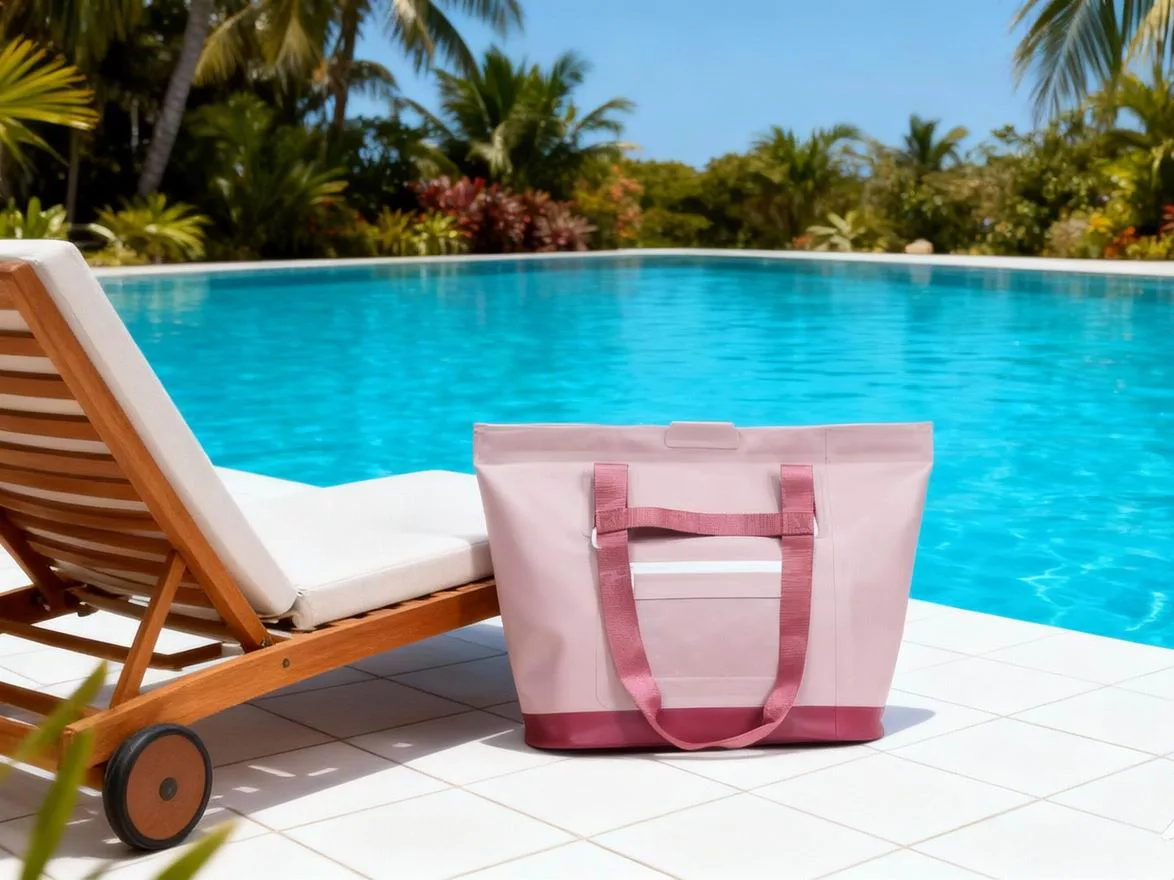 Pink roll-top cooler dry bag beside a pool