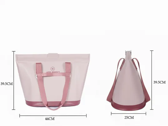 Pink roll-top dry bag with reinforced carry handles