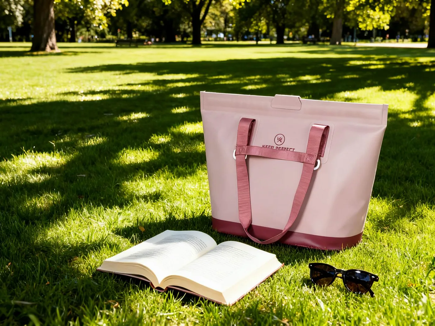 Pink roll-top dry bag on green grass
