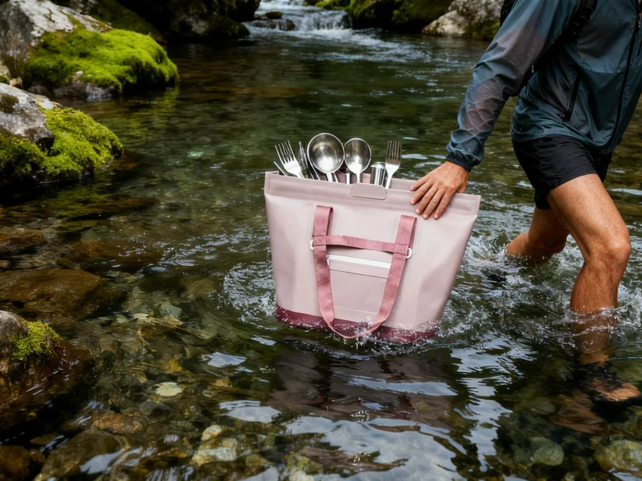 Pink roll-top dry bag outdoors