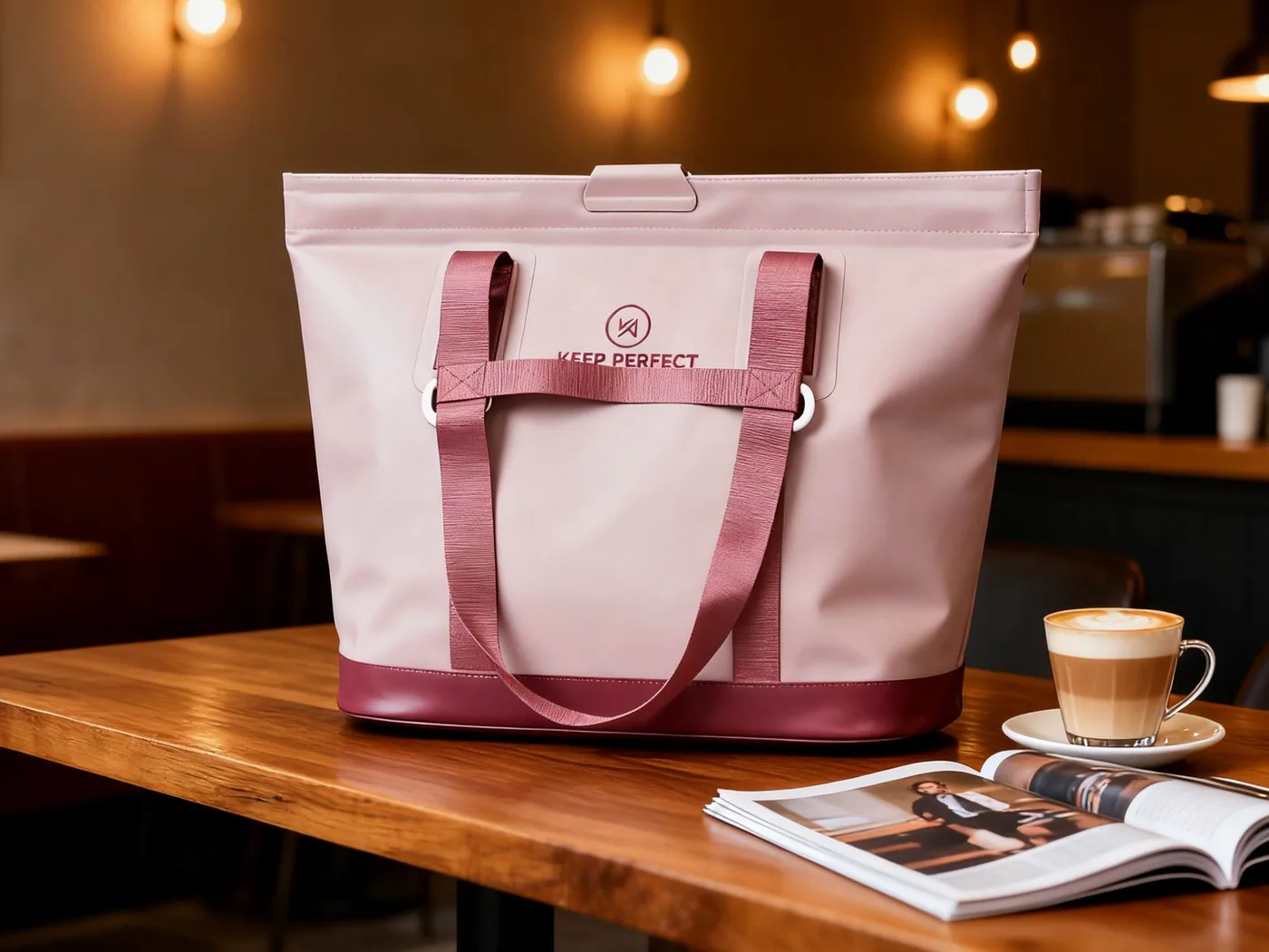 Pink roll-top dry bag arranged on a picnic table