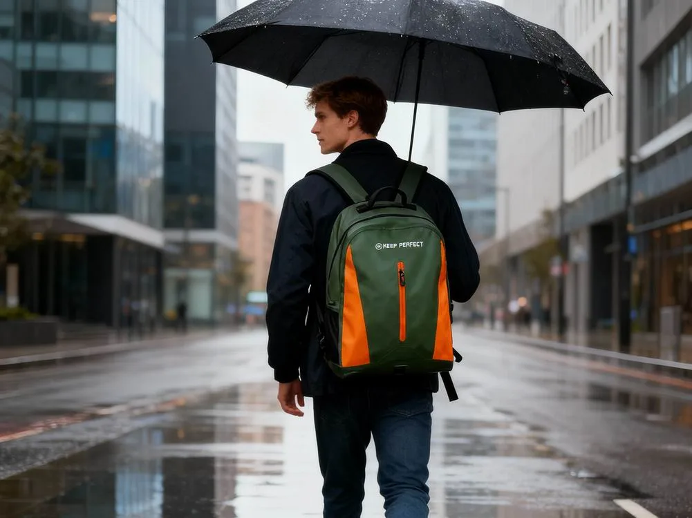 Waterproof backpack with RF welded seams in the rain